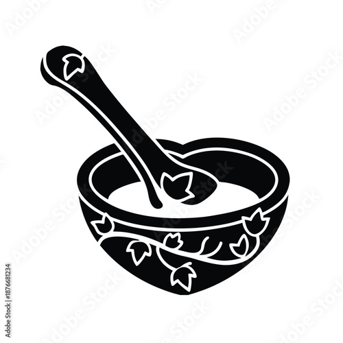 Heart-Shaped Mortar and Pestle with Leaf Design Vector Icon