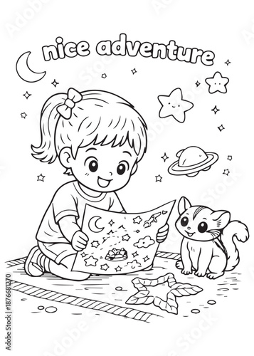 coloring book girl reading a map of space adventures with a sugar glider during a nice adventure