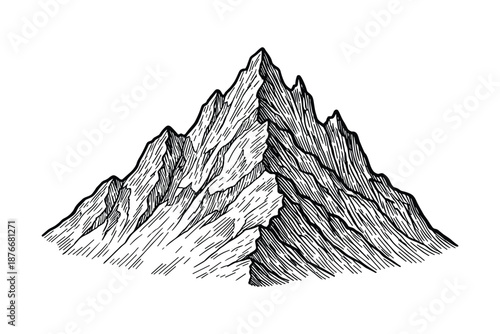 Monochrome mountain peak drawing illustration, rock formations, and mountain landscapes.