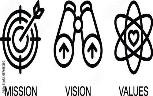Mission Vision and Values Line Icons Set Featuring Target Goal, Binoculars, Core Principles Symbols for Business Strategy and Corporate Identity Vector