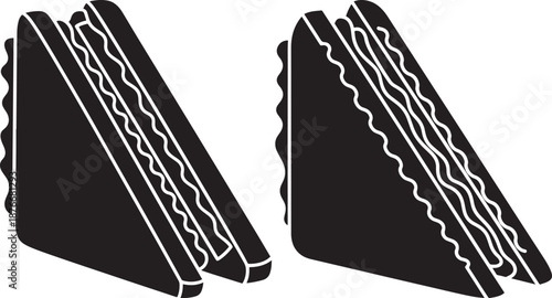 Black silhouette icons of sliced triangle sandwiches or club sandwiches for food and snack design elements