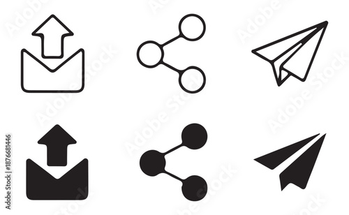 Email sharing and paper aircraft icons in linear and silhouette styles for messaging app interfaces