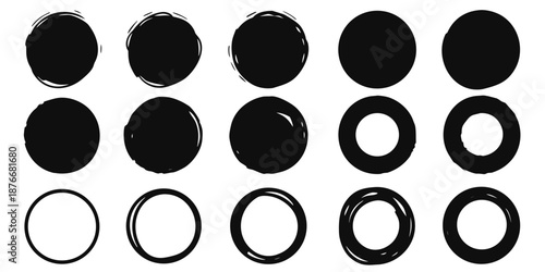 Round brush paint strokes. Black ink circles. Vector grunge calligraphic circular smears. Grungy black Chinese ink dot set. Paintbrush line border frames.
