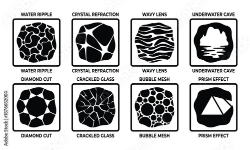 Water Ripple, Crystal Refraction, Wavy Lens and Underwater Cave Effects Icons Set
