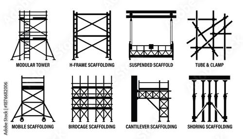 Different scaffolding types vector illustration for construction, modular tower, h-frame, suspended scaffold, shoring, tube and clamp