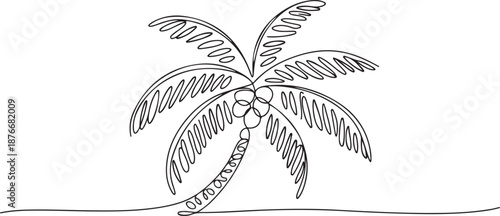 Single continuous line drawing coco nucifera. Decorative coconut palm tree concept for wall decor poster print art and travel vacation tourism campaign. one line Icon drawing