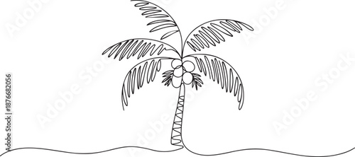 Single continuous line drawing coco nucifera. Decorative coconut palm tree concept for wall decor poster print art and travel vacation tourism campaign. one line Icon drawing
