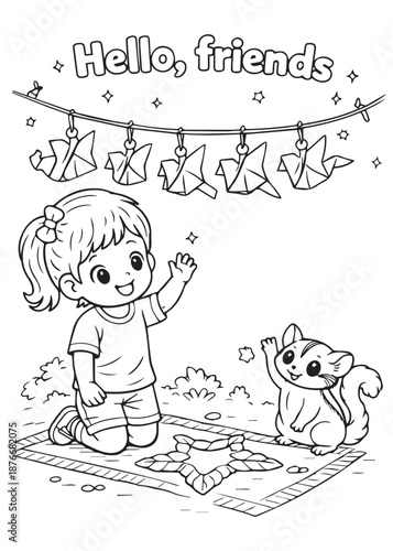 coloring book girl waving hello to hanging paper birds with a friendly sugar glider