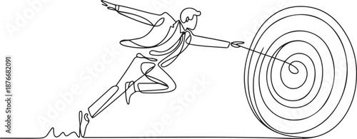 Single one line drawing businessman jumping on bigger target, successfully. Advancement in career or business growth concept. one line Icon drawing