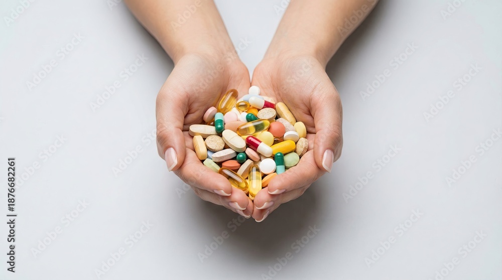 Obraz premium Hands Holding Multicolored Pills, Indoor Setting, Close-Up View, Wellness Concept