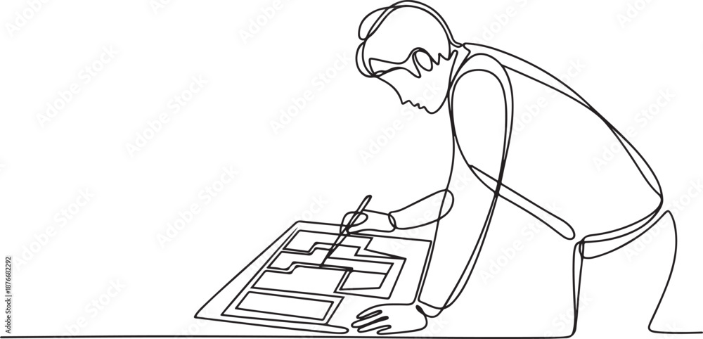 Fototapeta premium One single line drawing of young architect studying draft construction plan blueprint design. Building architecture business concept. one line Icon drawing