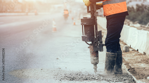 Worker using a construction machine to repair a paved road during the day.