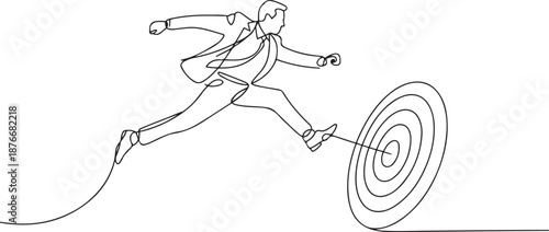 Single one line drawing businessman jumping on bigger target, successfully. Advancement in career or business growth concept. one line Icon drawing