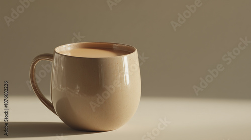 A minimalist beige ceramic mug filled with a light brown drink creates an atmosphere of a calm morning ritual and a cozy home environment.