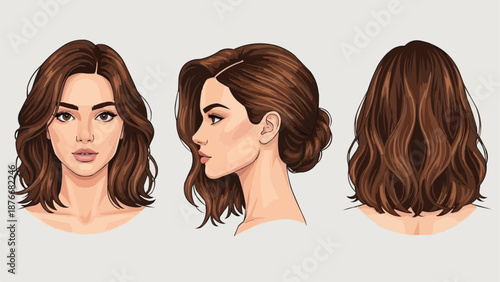 Womans Hairstyle Options Front Side Back Views.