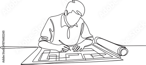 One single line drawing of young architect studying draft construction plan blueprint design. Building architecture business concept. one line Icon drawing