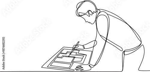One single line drawing of young architect studying draft construction plan blueprint design. Building architecture business concept. one line Icon drawing