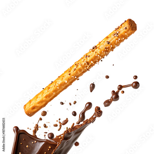 Pretzel stick  crunchy salted flying splash with liquid chocolate splash isolated on a transparent background.good for business poster. 