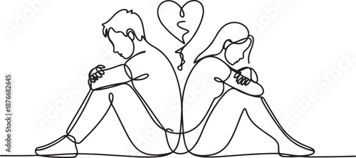 Single one line drawing couple of man and woman, sitting back to back, sad and angry on each other. Breaking up, relationship issues, broken heart, separating. one line Icon drawing