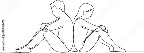 Single one line drawing couple of man and woman, sitting back to back, sad and angry on each other. Breaking up, relationship issues, broken heart, separating. one line Icon drawing