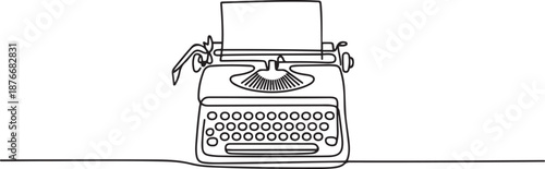 One continuous line drawing of retro old vintage typewriter front from view. Classic office item concept single line draw design. one line Icon drawing