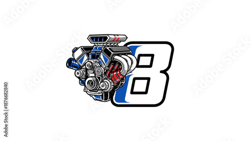 V8 Engine with Racing Number 8 - Powerful Automotive Graphic.