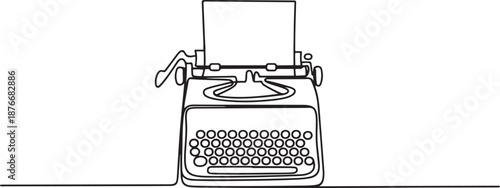 One continuous line drawing of retro old vintage typewriter front from view. Classic office item concept single line draw design. one line Icon drawing