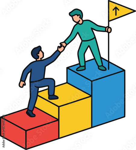 One person lending a hand to assist another up a series of steps to reach a collective achievement