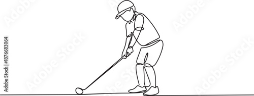 Single continuous line drawing of young happy golf player swing the golf club to hit the ball. Hobby sport concept. Trendy one line draw design. one line Icon drawing