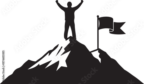 Man celebrating success on mountain peak with flag isolated on transparent background