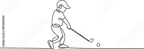 Single continuous line drawing of young happy golf player swing the golf club to hit the ball. Hobby sport concept. Trendy one line draw design. one line Icon drawing