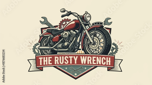 Motorcycle Repair Shop Emblem With Wrench and Motorcycle.