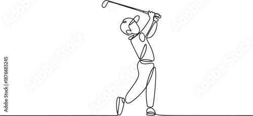 Single continuous line drawing of young happy golf player swing the golf club to hit the ball. Hobby sport concept. Trendy one line draw design. one line Icon drawing