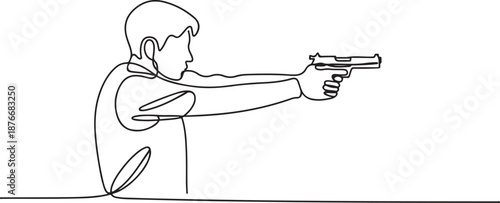Single continuous line drawing of young athlete man shooter holding gun and training to aim target tactical shooting. Shooting sport training concept. one line Icon drawing