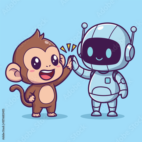 Cute Cartoon Monkey and Robot Giving High-Five with Happy Expressions Vector Illustration