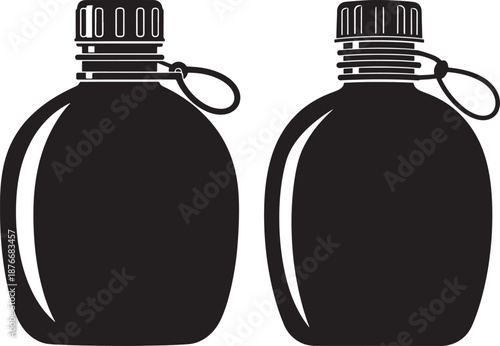 Black silhouette of military style water canteens for camping, hiking, and survival gear illustration, isolated on white background.