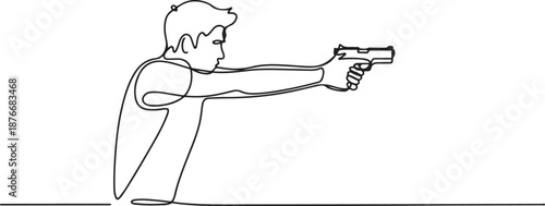 Single continuous line drawing of young athlete man shooter holding gun and training to aim target tactical shooting. Shooting sport training concept. one line Icon drawing