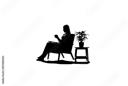 Mindful daily ritual silhouette of person drinking coffee or tea in a cozy home setting. Wellness, relaxation, and mental health self-care concept.
