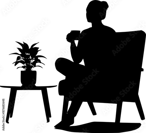 Mindful daily ritual silhouette of person drinking coffee or tea in a cozy home setting. Wellness, relaxation, and mental health self-care concept.