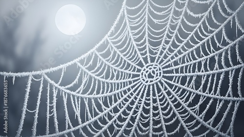 Frozen spiderweb glistening under the moonlight, intricate pattern created by nature