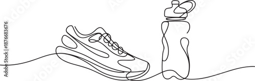 Single one line drawing sport sneakers and sport bottle. Fitness running or jogging concept. Idea of healthy and active lifestyle. Healthy lifestyle concept. one line Icon drawing