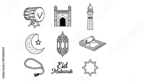 Stylized line art collection featuring Islamic religious and cultural symbols, perfect for Eid celebrations, showcasing traditional elements like mosques, lanterns, and prayer accessories