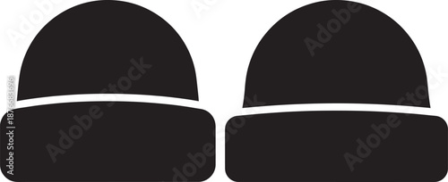 Pair of minimalist black beanie hat silhouettes for winter apparel and fashion accessory design, isolated on a white background.