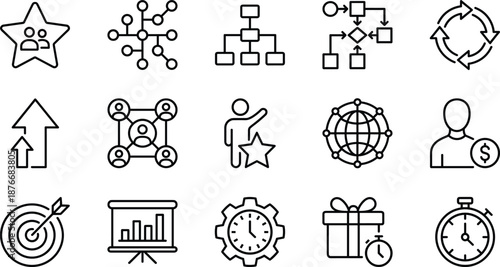 Professional Business Management Icon Set Featuring Corporate Leadership Stars, Workflow Process Flowcharts, Team Networking Structures, Financial Goal Targeting, Time Optimization Gears, and Project.