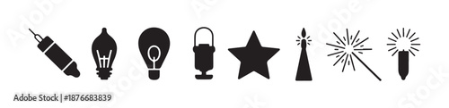 Christmas light bulb candle lantern star and sparkler black silhouette icons set vector illustration
