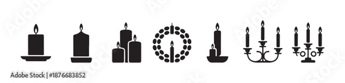 Set of black silhouette christmas and advent candles wreath and candelabra icons vector illustration