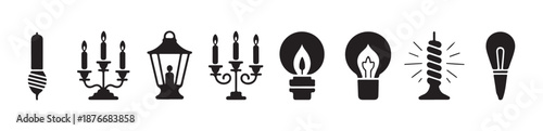 Light bulbs candelabras and street lantern black silhouette icons set vector illustration collection