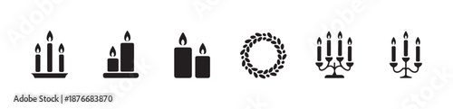 Set of black silhouette advent candles candelabra and christmas wreath icons vector illustration
