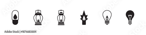 Set of dark simple lighting icons representing different sources of illumination and energy