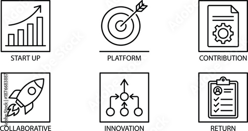Startup and Innovation Icon Set Featuring Business Growth Charts, Target Platform Goals, Project Contribution Gears, Collaborative Rocket Launches, Innovative Hierarchy Flowcharts, and Return Reports.